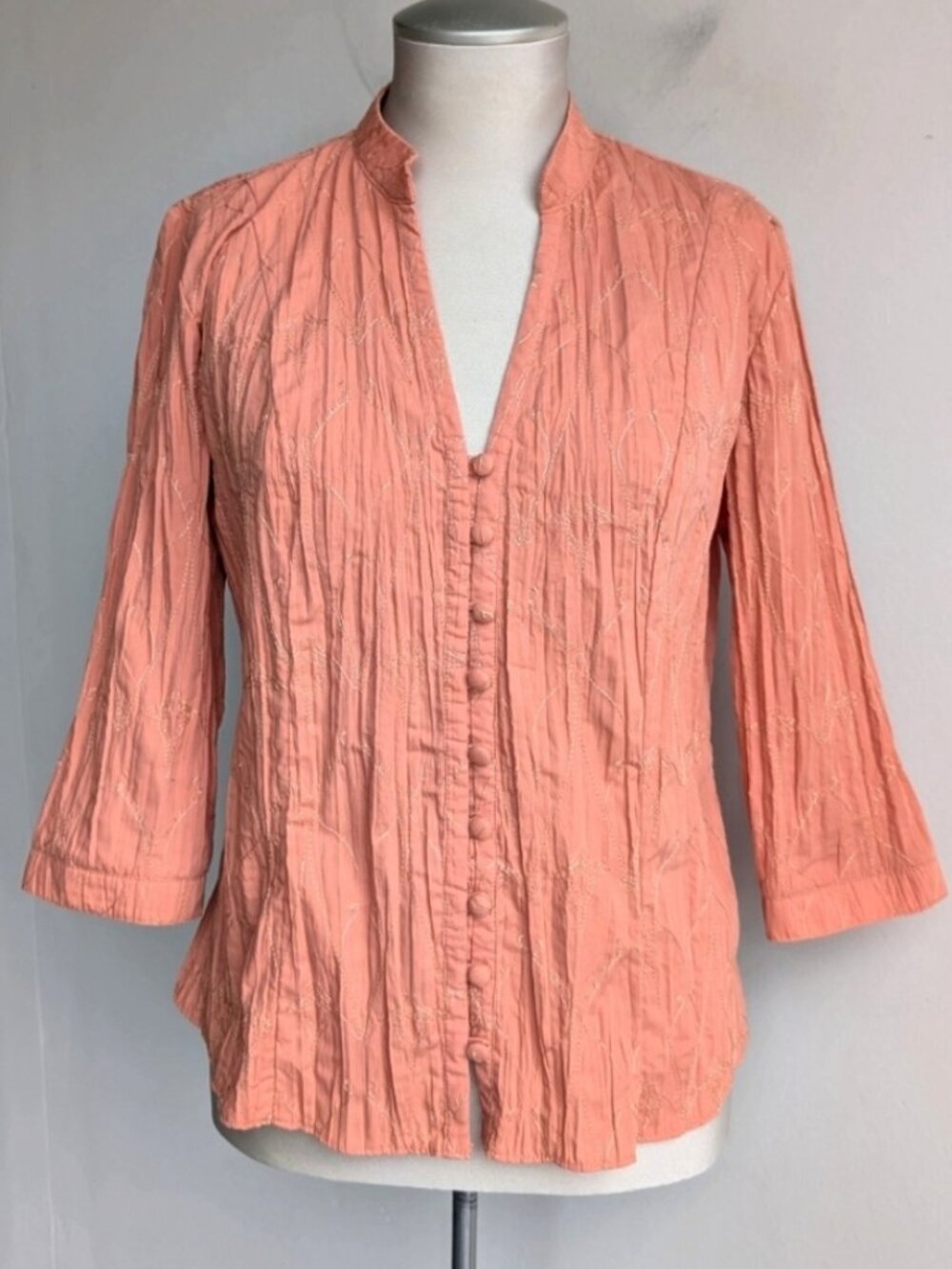 Florence + Fred Embroidered Crinkle Coral Button-Up Blouse